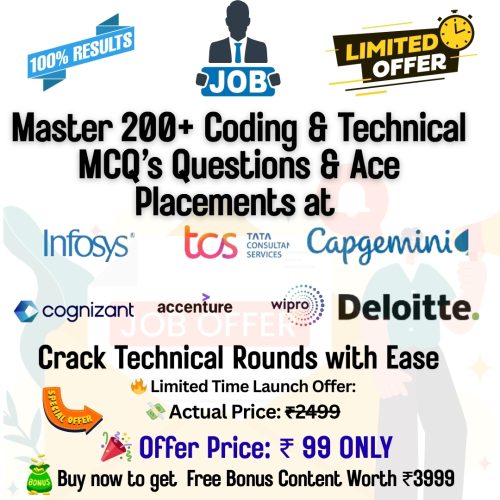 📘 What's Inside ✅ 100+ Previously Asked Coding Questions ✅ Detailed Solutions with Step-by-Step Explanations ✅ Covers All Major MNCs Infosys, TCS, Deloitte, Wipro etc ✅ Placement-Focused Patterns (1)